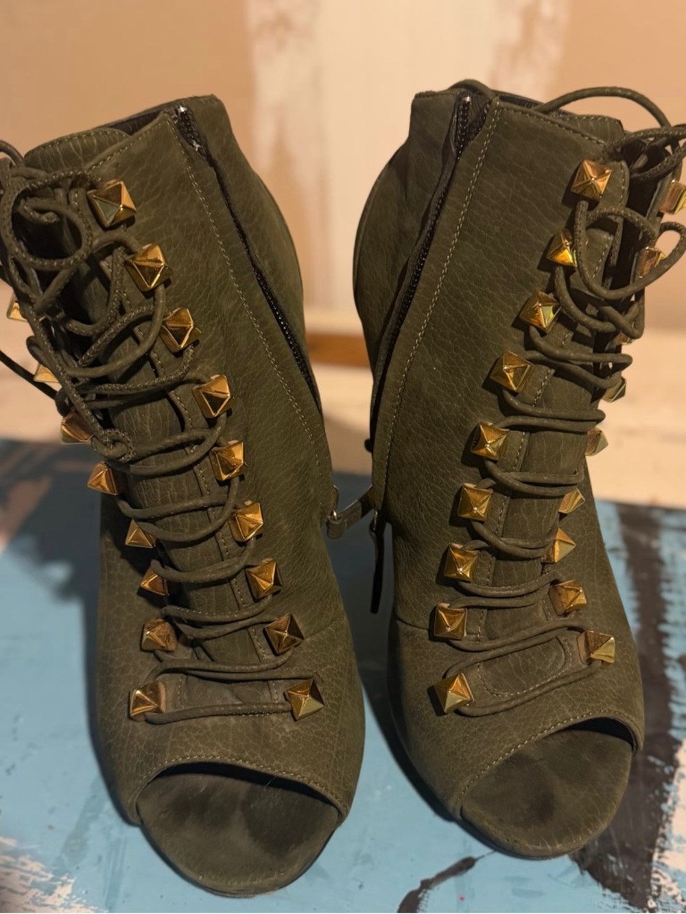 Giuseppe Zanotti Olive Green Peep-Toe Lace-Up Ankle Boots with Gold Studs